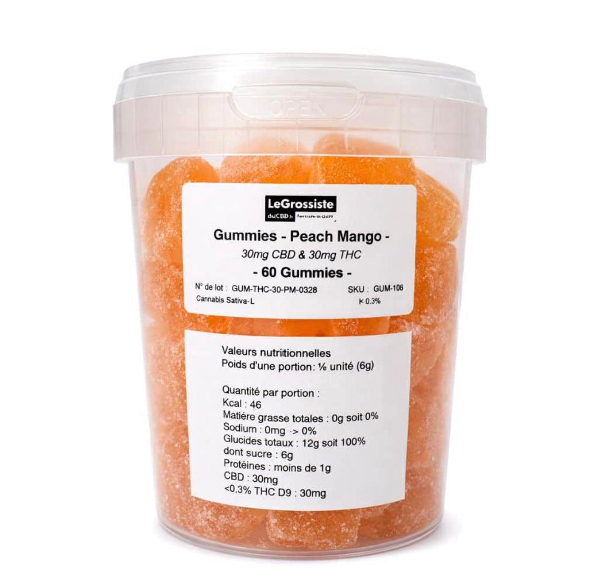 Gummies THC & CBD – 30mg 1:1 – Peach Mango – VRAC